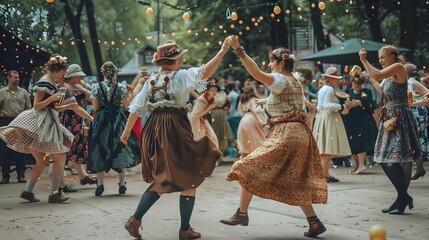 Group of locals dressed in traditional Bavarian fluffy skirt, blouse, corset with lacing and apron, enjoying a lively polka dance at Oktoberfest. Banner.