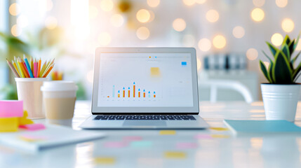 Poster - Contemporary modern workspace showcasing a laptop alongside insightful data visualization graphs to enhance productivity and analytics