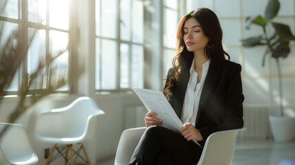 Canvas Print - A woman wearing a black suit sitting on a chair holding a document