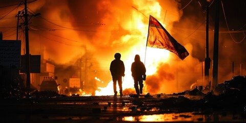 Poster - two people stand in front of a burning building