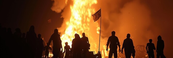 Poster - people stand in front of a burning building