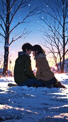 Poster - anime couple sitting in snow background illustration cartoon design manga scene