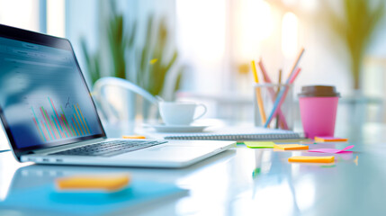 Poster - Contemporary modern workspace showcasing a laptop alongside insightful data visualization graphs to enhance productivity and analytics