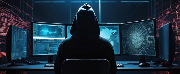 Wall Mural - anonymous hacker in a silhouette In the background is network of glowing data cybersecurity, Cyber Crime, Cyberattack