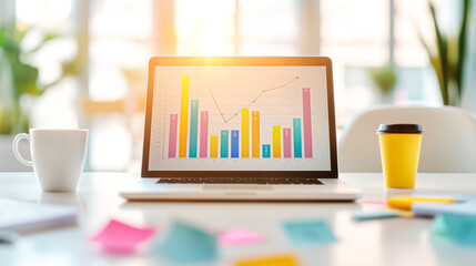 Poster - Contemporary modern workspace showcasing a laptop alongside insightful data visualization graphs to enhance productivity and analytics