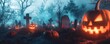 © doraclub - A spooky Halloween scene featuring glowing pumpkins among eerie gravestones in a misty graveyard.