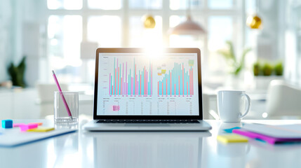 Poster - Contemporary modern workspace showcasing a laptop alongside insightful data visualization graphs to enhance productivity and analytics
