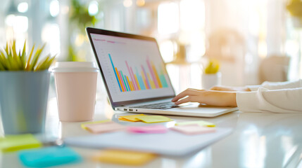 Poster - Contemporary modern workspace showcasing a laptop alongside insightful data visualization graphs to enhance productivity and analytics
