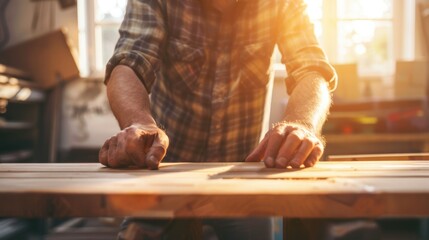 Sticker - man owner a small furniture business is preparing wood for production. carpenter male is adjust wood to the desired size. architect, designer, Built-in, professional wood, craftsman, workshop.