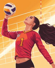 A vibrant illustration of a female volleyball player serving the ball with energy and determination.