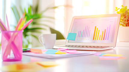 Poster - Contemporary modern workspace showcasing a laptop alongside insightful data visualization graphs to enhance productivity and analytics