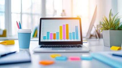 Poster - Contemporary modern workspace showcasing a laptop alongside insightful data visualization graphs to enhance productivity and analytics