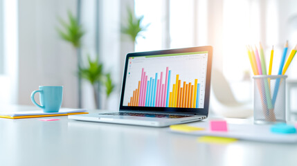Poster - Contemporary modern workspace showcasing a laptop alongside insightful data visualization graphs to enhance productivity and analytics