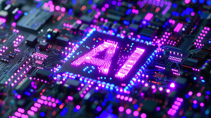 Poster - Processor or microchip with AI text on circuit board. Artificial intelligence background illustration. Core of artificial intelligence machine with neon light of energy. computer technology, data