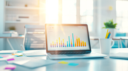 Poster - Contemporary modern workspace showcasing a laptop alongside insightful data visualization graphs to enhance productivity and analytics