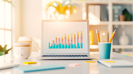 Poster - Contemporary modern workspace showcasing a laptop alongside insightful data visualization graphs to enhance productivity and analytics