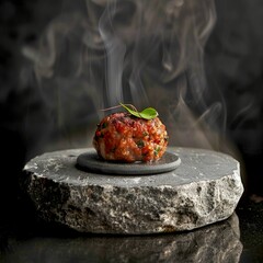 Sticker - Gourmet meatball presented on a steaming stone. Close-up of a food dish in a fine dining style. AI-generated image for culinary concepts and food photography. AI