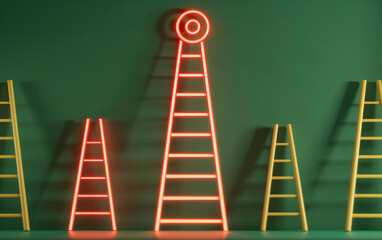 Modern neon ladder art installation with glowing red light and yellow ladders on a green wall background, abstract creative concept