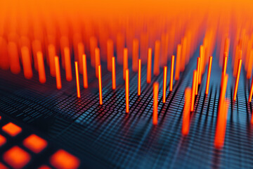 Poster - Abstract data visualization with orange glowing lines on a blue grid, representing technology, connections, and futuristic concepts.