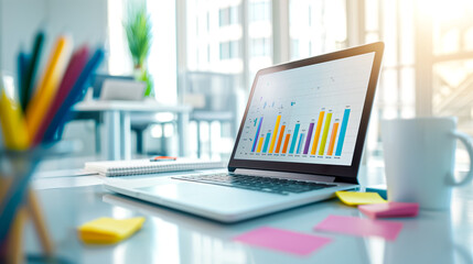 Poster - Contemporary modern workspace showcasing a laptop alongside insightful data visualization graphs to enhance productivity and analytics