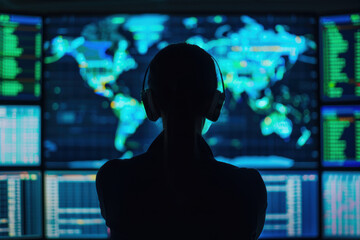 Poster - A silhouette of a person wearing headphones, monitoring multiple screens displaying world maps and data in a dark control room. Technology and surveillance concept.