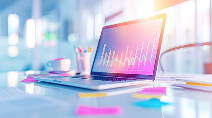 Poster - Contemporary modern workspace showcasing a laptop alongside insightful data visualization graphs to enhance productivity and analytics