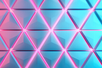 Poster - Abstract  geometric pattern with glowing pink and blue neon lights, featuring triangular shapes creating a futuristic and modern design.