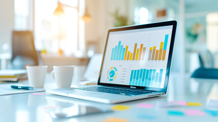 Poster - Contemporary modern workspace showcasing a laptop alongside insightful data visualization graphs to enhance productivity and analytics