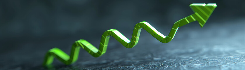 Poster - A green upward zigzag arrow on a dark background, symbolizing growth, progress, and success in business or finance.