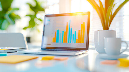 Poster - Contemporary modern workspace showcasing a laptop alongside insightful data visualization graphs to enhance productivity and analytics