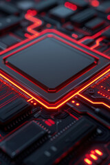 Poster - Close-up of a processor with red neon lights on a computer motherboard, showcasing advanced technology and intricate circuit design.