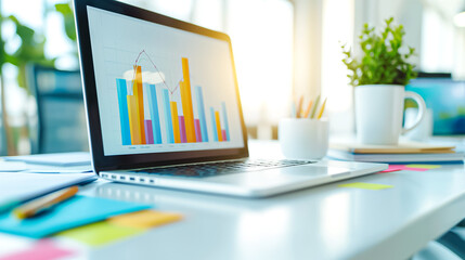 Poster - Contemporary modern workspace showcasing a laptop alongside insightful data visualization graphs to enhance productivity and analytics
