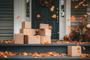 Cardboard shipping boxes and autumn leaves falling on a porch with pumpkins nearby, Fall online order shipment concept