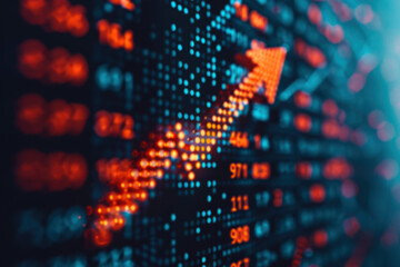 Poster - Close-up of a digital stock market board displaying data and a bullish trend with an upward arrow. Ideal for finance, investment, and economic themes.