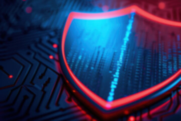 Poster - Glowing red and blue shield symbol on a digital circuit board, representing cybersecurity, data protection, and technological security.