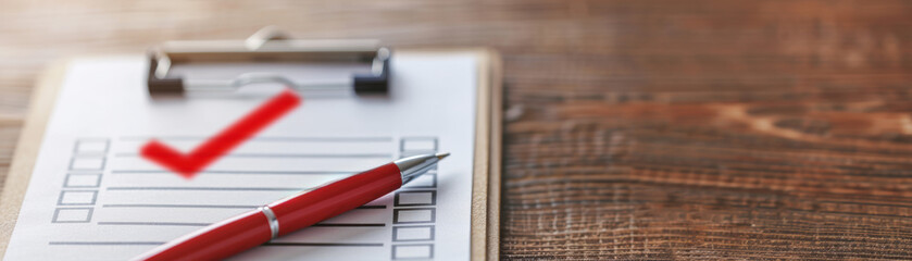 Poster - Pen and checklist on wooden desk. Red check mark indicating task completion. Organize, plan, and achieve goals with this stationery graph.