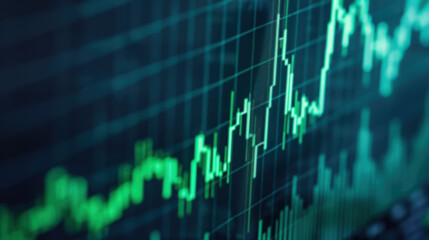 Poster - Abstract close-up of a financial market stock chart with green candlestick patterns, representing economic data trends and market analysis.