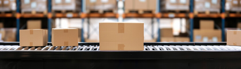 Poster - Cardboard boxes moving on a conveyor in a logistics warehouse, ready for delivery and distribution. Ideal for shipping and e-commerce themes.