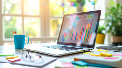 Poster - Contemporary modern workspace showcasing a laptop alongside insightful data visualization graphs to enhance productivity and analytics