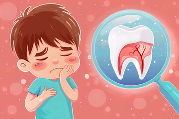 A man has a toothache. Boy frowns and touchs his face. Oral disease medical illustration.

