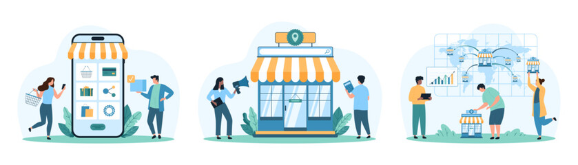 Online shopping, franchise business development set. Tiny people announce in megaphone retail store launch, choose gifts in menu category, pin new shop model on map cartoon vector illustration