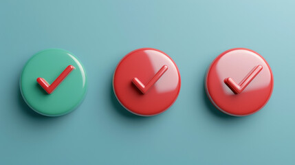 Fototapete - Minimalist image of three glossy checkmarks - two red and one green - arranged in a row on a light blue background, symbolizing choice or approval.
