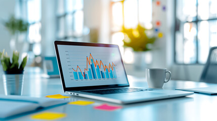 Poster - Contemporary modern workspace showcasing a laptop alongside insightful data visualization graphs to enhance productivity and analytics