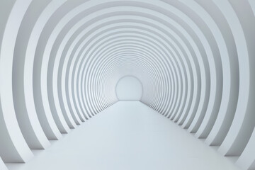 Poster - A modern, white, circular tunnel with repetitive arch patterns, showcasing a futuristic design and perspective, ideal for architectural concepts.