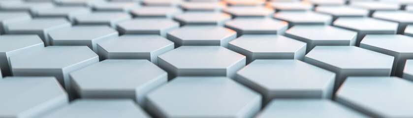 Poster - Close-up view of a futuristic hexagonal pattern in soft lighting, showcasing a modern and geometric abstract design perfect for backgrounds.