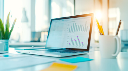 Poster - Contemporary modern workspace showcasing a laptop alongside insightful data visualization graphs to enhance productivity and analytics