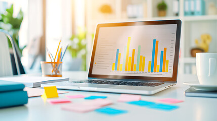 Poster - Contemporary modern workspace showcasing a laptop alongside insightful data visualization graphs to enhance productivity and analytics