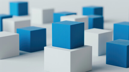Poster - Abstract image of blue and white cubes arranged in a geometric pattern on a white background, symbolizing order, structure, and modern design.