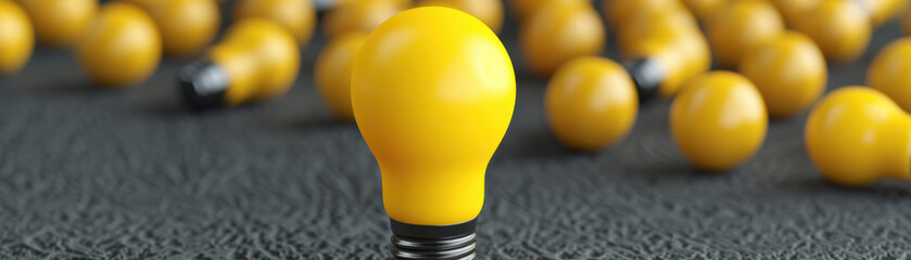 Wall Mural - Close-up of a single yellow light bulb standing out among many on a dark textured surface, symbolizing innovation and creativity.