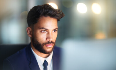 Leinwandbilder - Serious, night and man in office, laptop and test of software for cybersecurity, programmer and bokeh. Workaholic, overtime and employee for coding of website, IT and information technology in dark